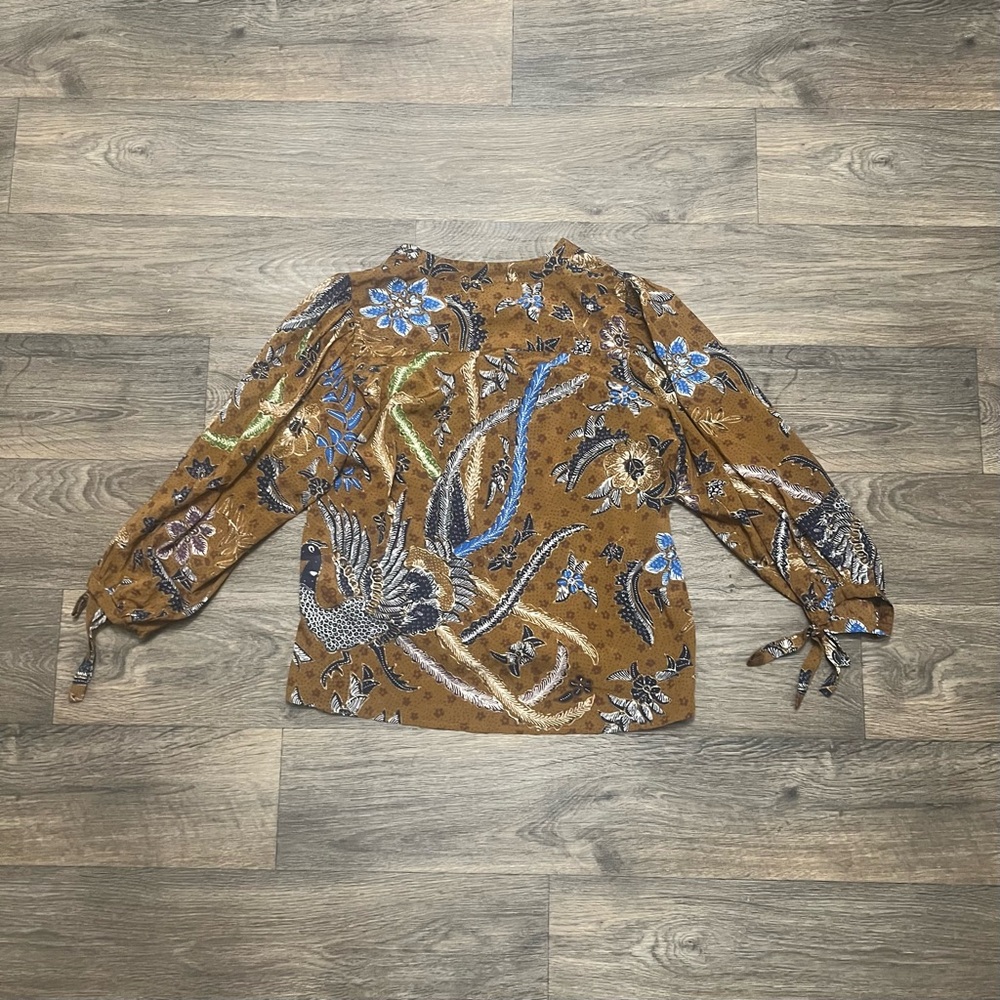 Cara Cara Win Batik Floral Tie Sleeve Blouse Brown Boho Peasant Size Medium - Picture 7 of 7